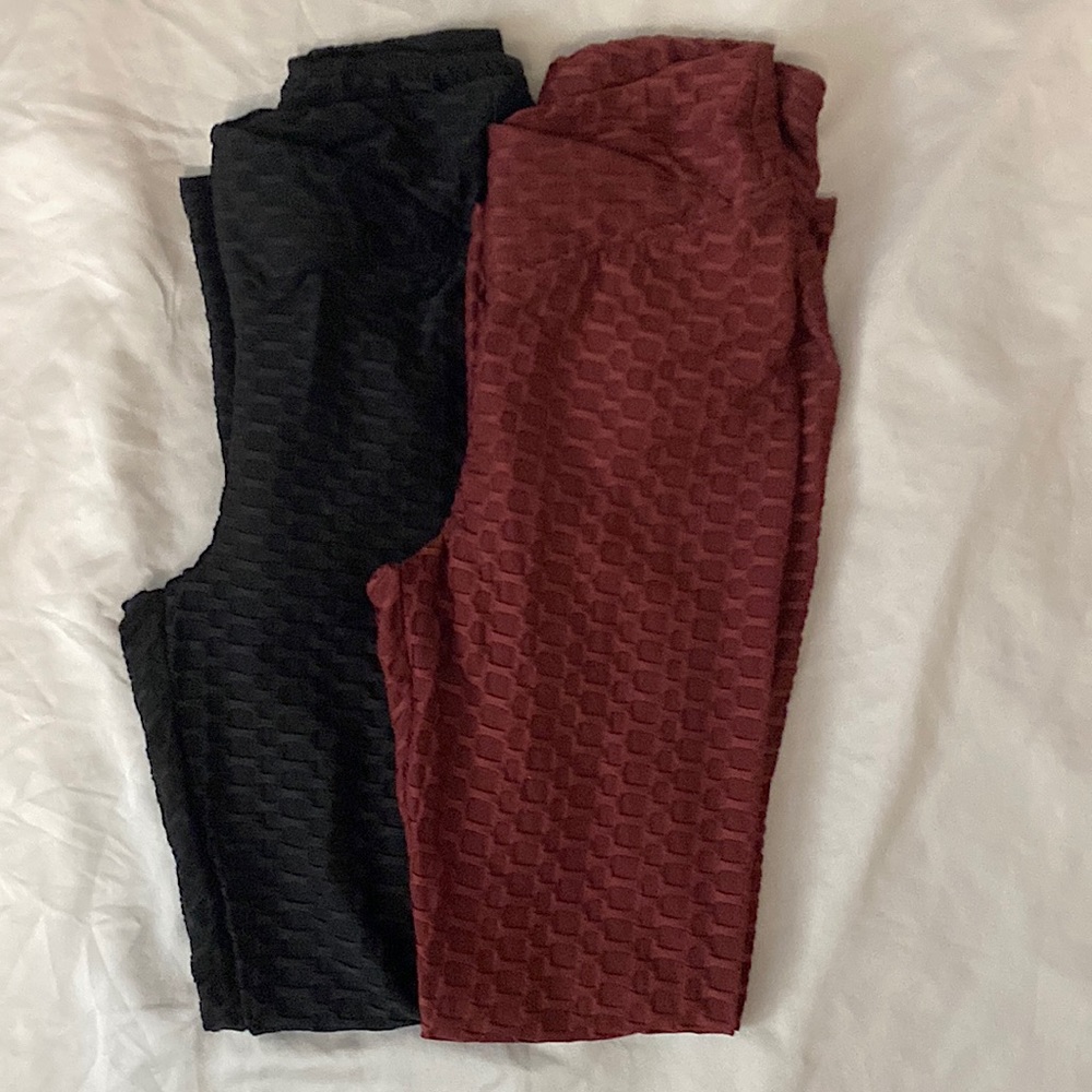 2 PAIRS HONEYCOMB CROSSOVER WAIST LEGGINGS BUTT CONTOUR RUCHING| size: M - Picture 1 of 4